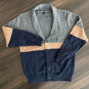 Colorblock Cardigan 3 Button Shawl Collar Blue Gray Tan Manfinity Med Preppy